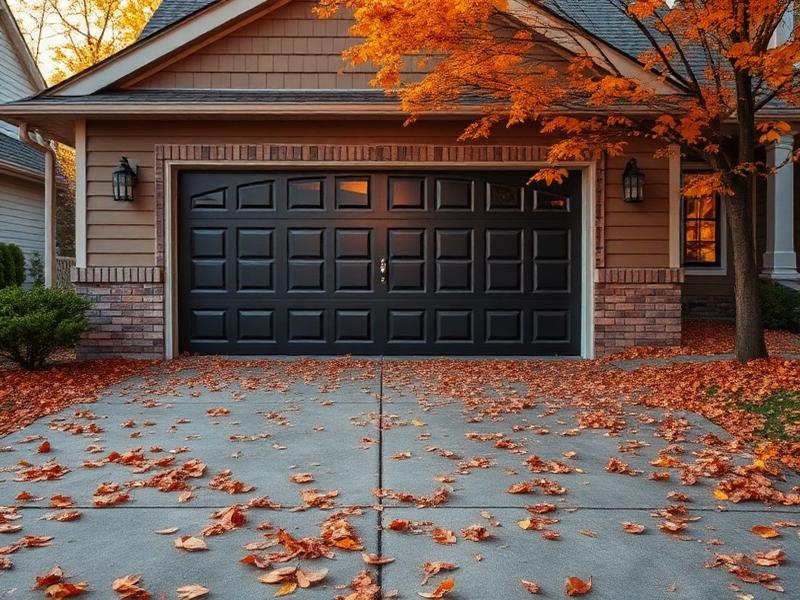 Residential garage door in autumn setting with fallen leaves on driveway