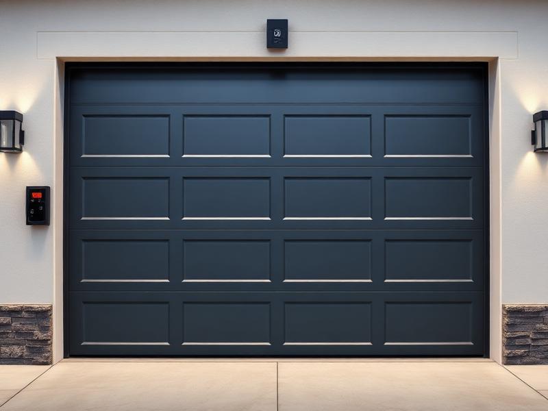 Modern garage door with smart keypad entry system and LED lighting