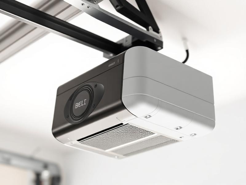 Garage door motor unit showing belt-drive opener mechanism for motor repair guide