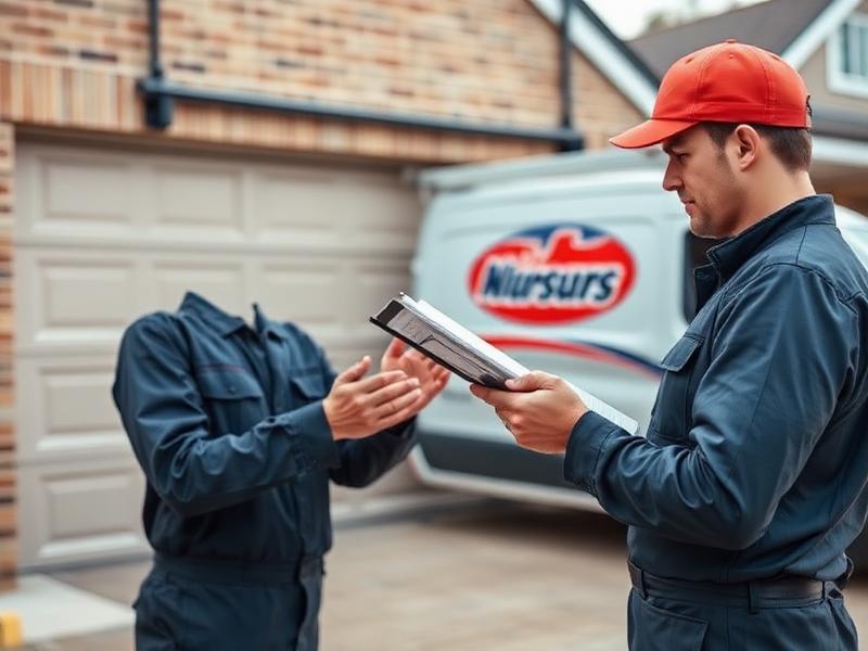 Garage door technician reviewing repair estimate on clipboard with service van